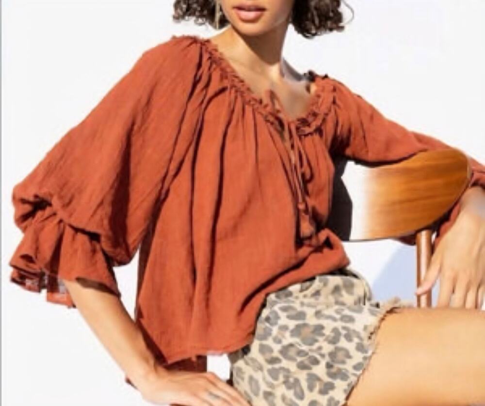 Free People Rust Gauze Peasant Blouse Raw Fringe Hem Tiered Bell Sleeve Boho L